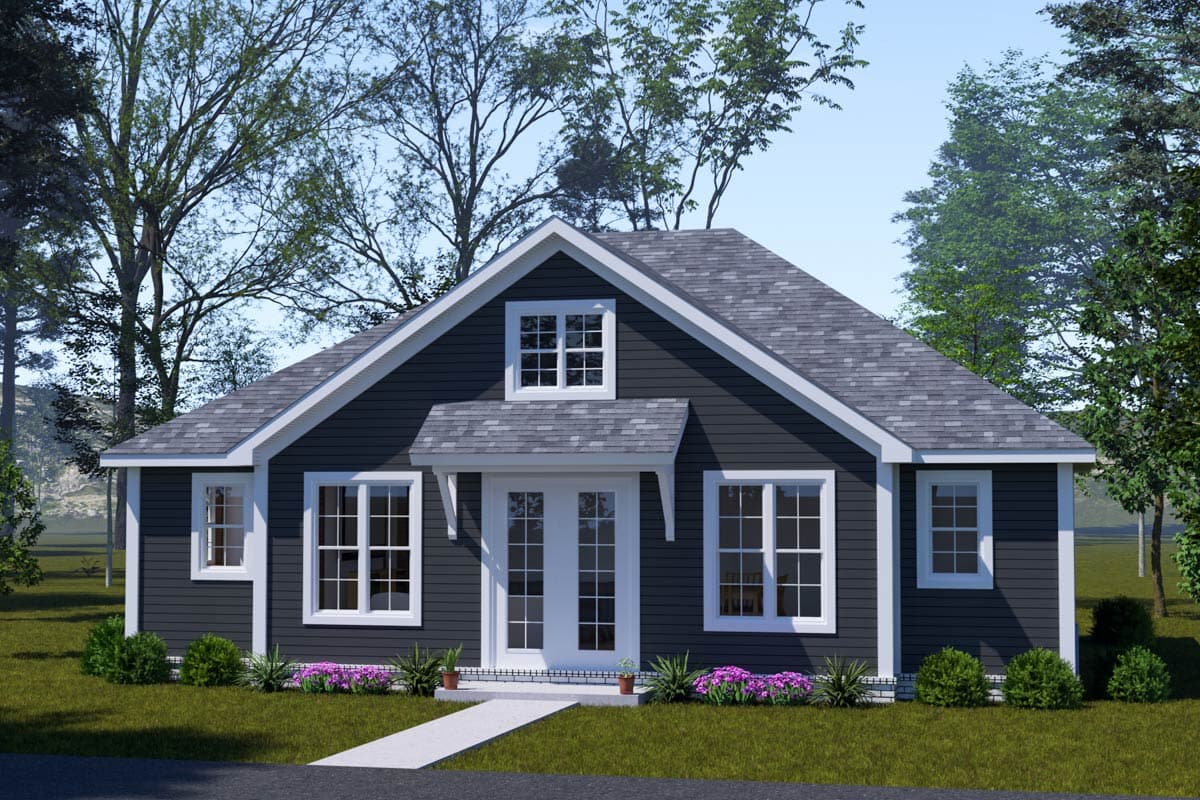 House plan exterior of a one-story house with a prominent gable, double front doors, and multiple windows.