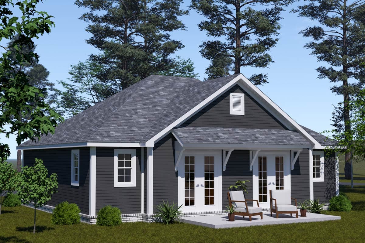 House plan exterior of a single-story home with a gable roof, white trim, and double doors on a concrete patio.