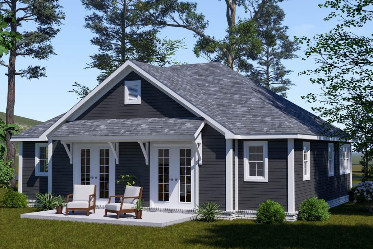 House plan exterior, one story, gable roof, dormer vent, and double French doors leading to patio.
