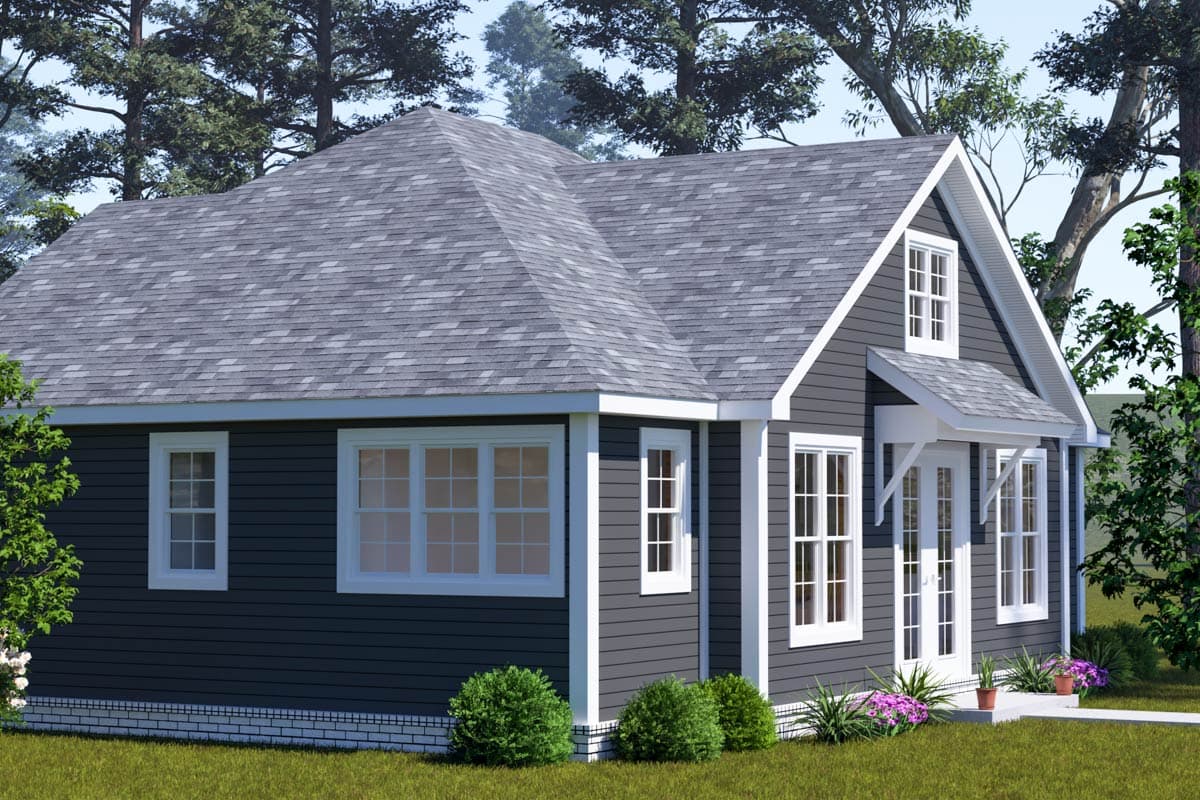 House plan exterior: one-story Modern Farmhouse with gabled roof, dormer, and covered entry.
