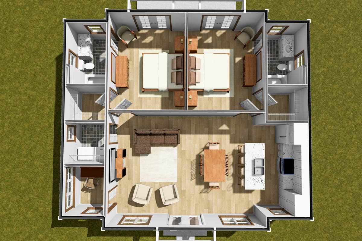 Top-down view of a house plan showing an open living area with a kitchen island, dining table, sofa, and two bedrooms with adjoining bathrooms.