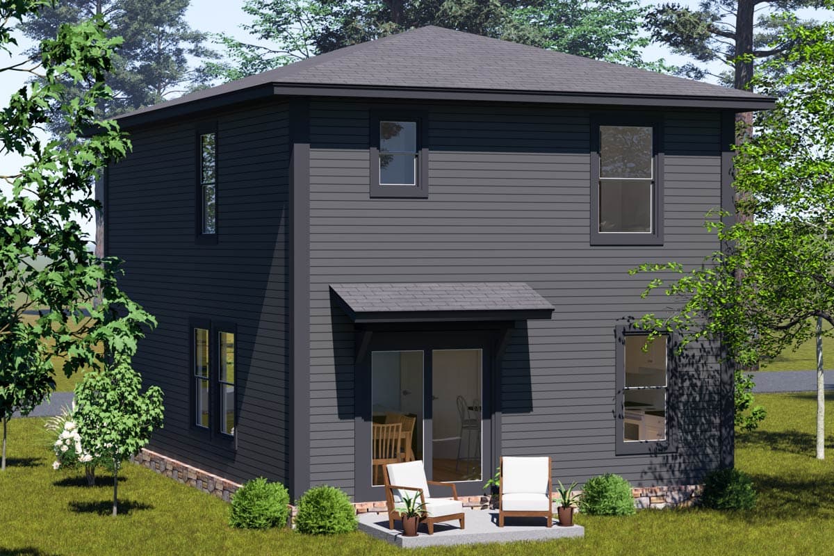 Two-story modern house plan exterior with horizontal siding, gable roof, and a small awning over double doors.