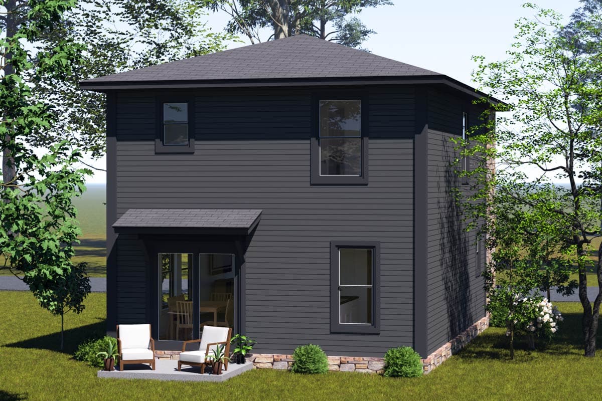 House plan exterior: two-story dark gray house with stone foundation, gable roof, small covered porch over sliding glass doors, and multiple windows.