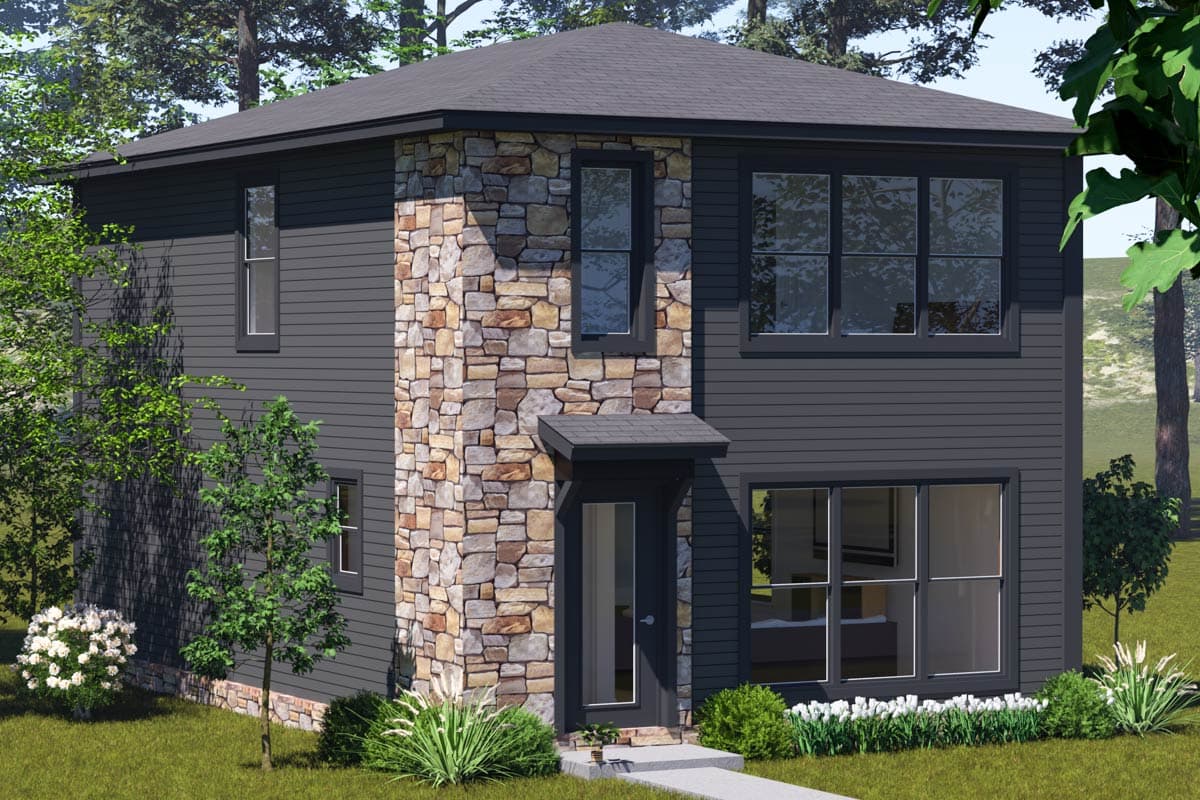 Modern two-story house plan exterior with dark siding, stone accents, and large windows.
