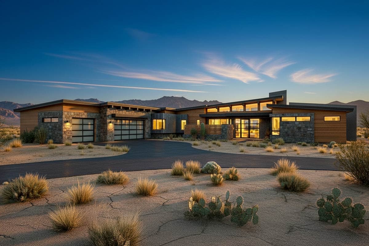 House plan exterior with modern style, featuring a flat roof, stone and wood siding, and a glass garage door.