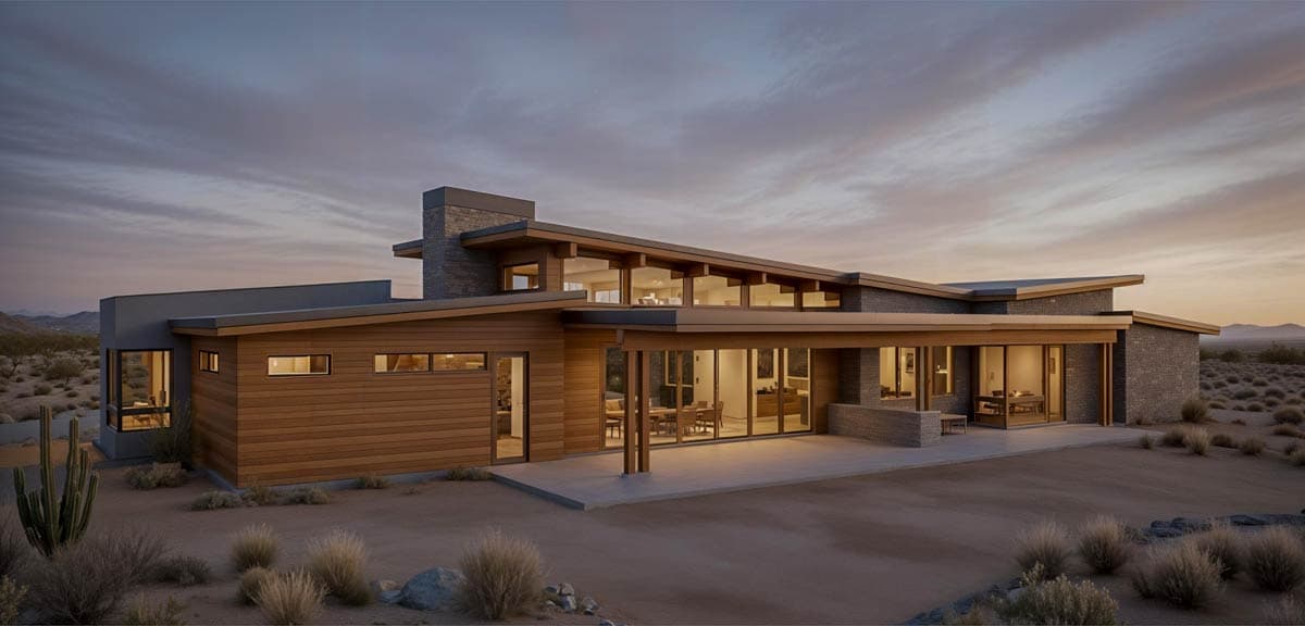 Modern house plan exterior with wood siding, brick, flat rooflines, and extensive glass.