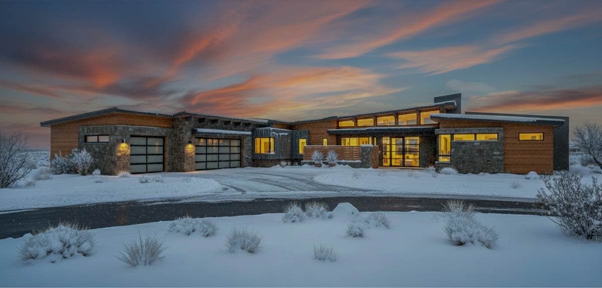 Modern house plan exterior with wood and stone facade, multiple garage doors, and a low-pitched roofline.