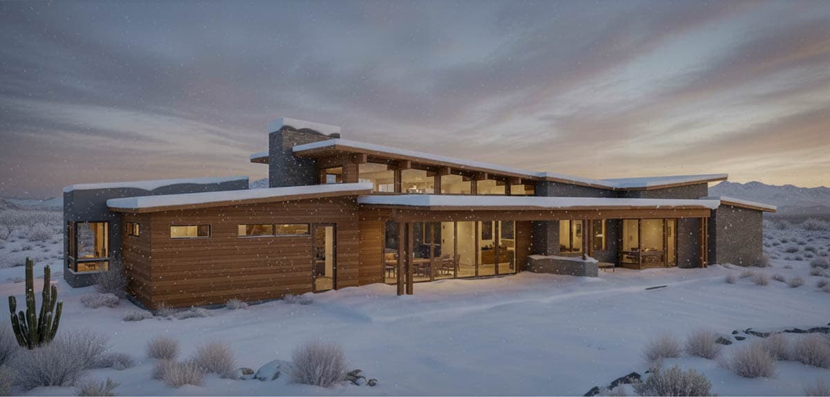 Modern house plan exterior with flat roofs, wood siding, stone accents, and extensive glazing set against a snowy landscape.