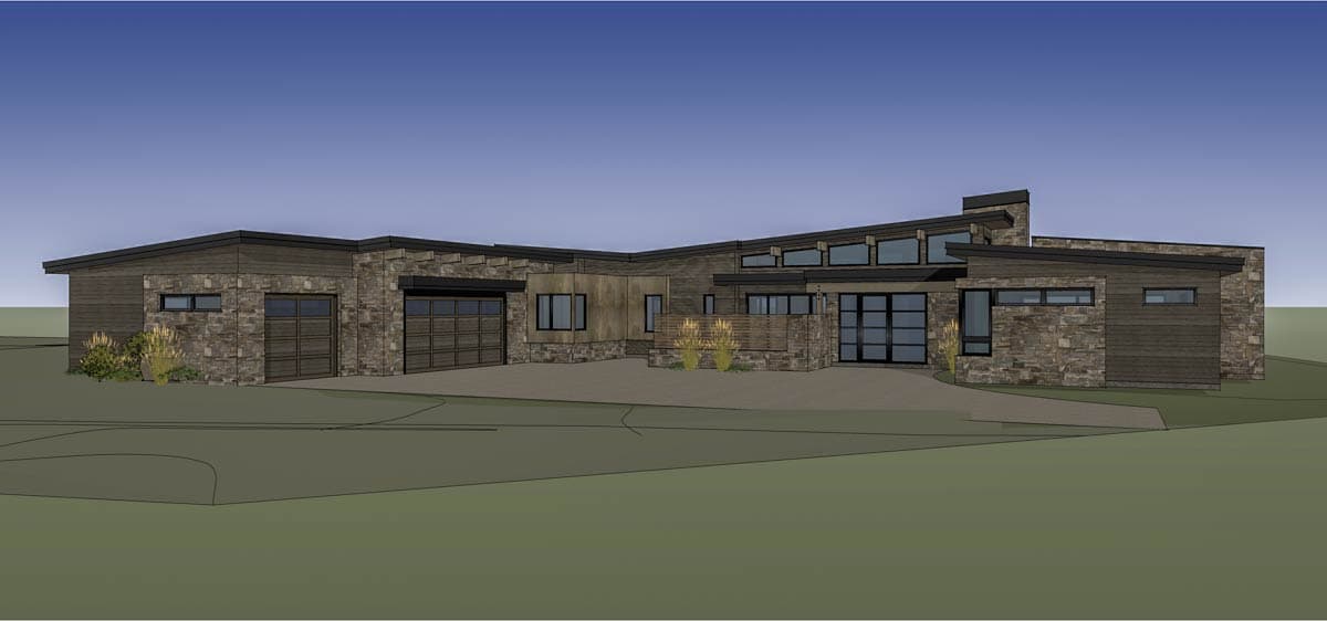 Modern house plan exterior with stone and wood siding, multiple gables, two garage doors, and extensive windows.