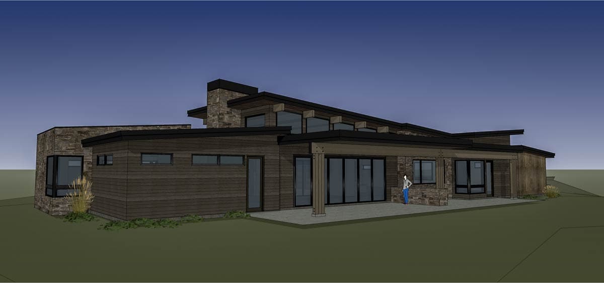 Modern house plan exterior with stone and wood siding, cantilevered rooflines, and large windows.