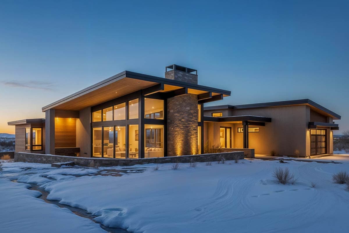 Modern house plan exterior with stone column, expansive windows, flat rooflines, and a two-car garage.