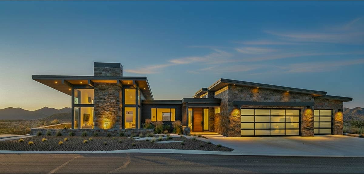 Modern house plan exterior with stone accents, large windows, flat rooflines, and a three-car garage.