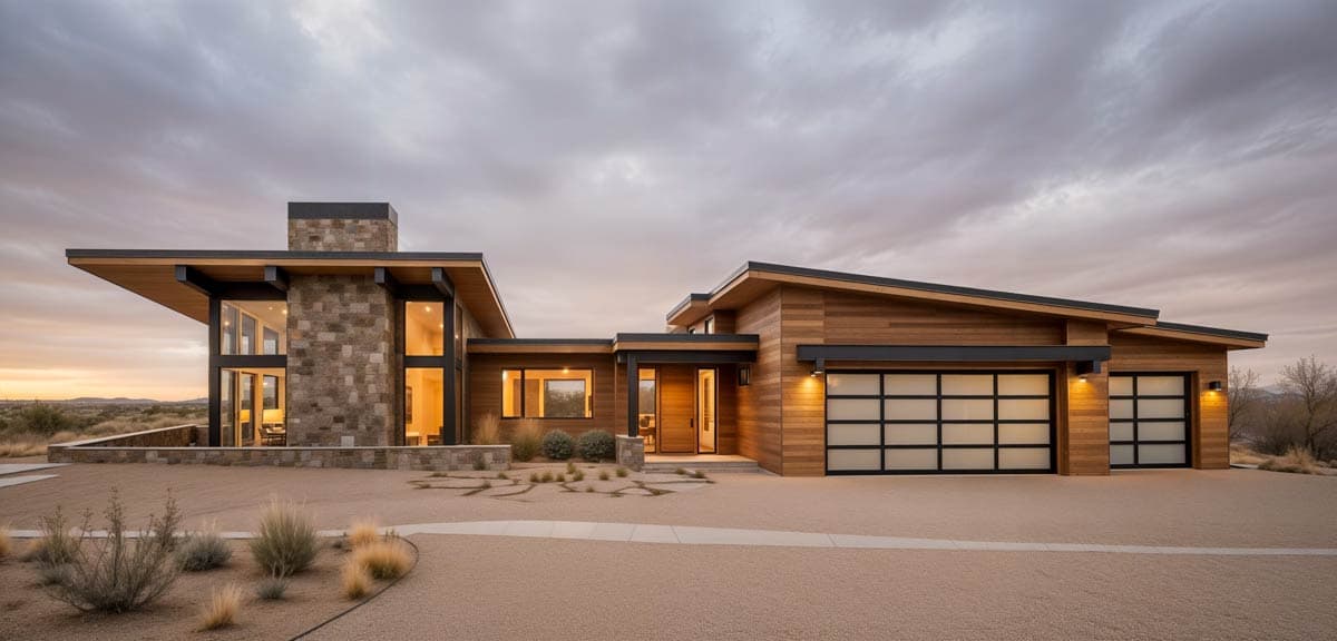 House plan exterior with modern design, featuring a flat roof, stone facade, wood siding, and glass garage doors. Single story home.