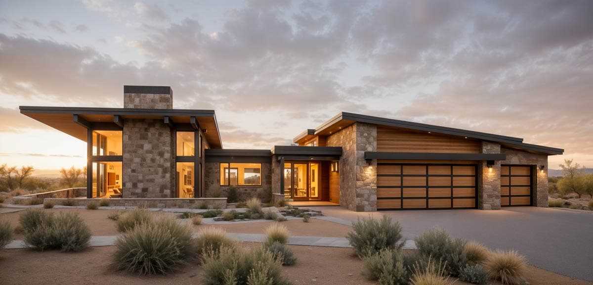 Modern house plan exterior with stone and wood facade, asymmetrical rooflines, and a three-car garage.