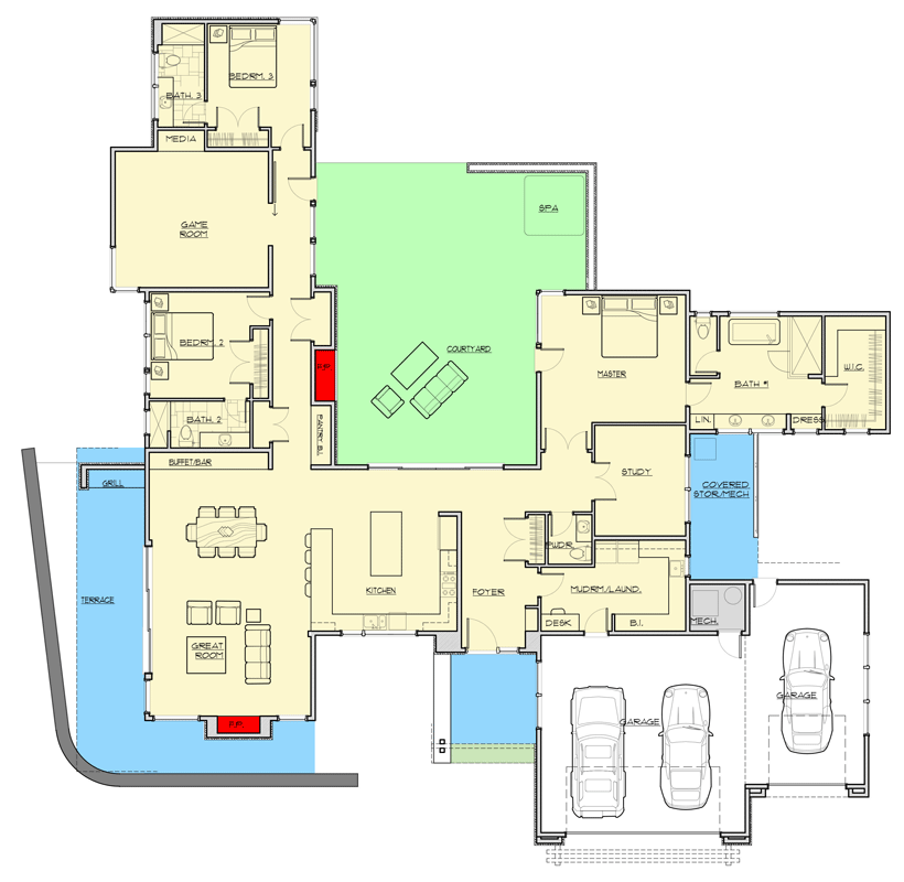 Plan 54252HU: Luxury Modern 3-Bed House Plan with Central Courtyard and Game Room - Floor Plan - Main Level - Contemporary, Modern