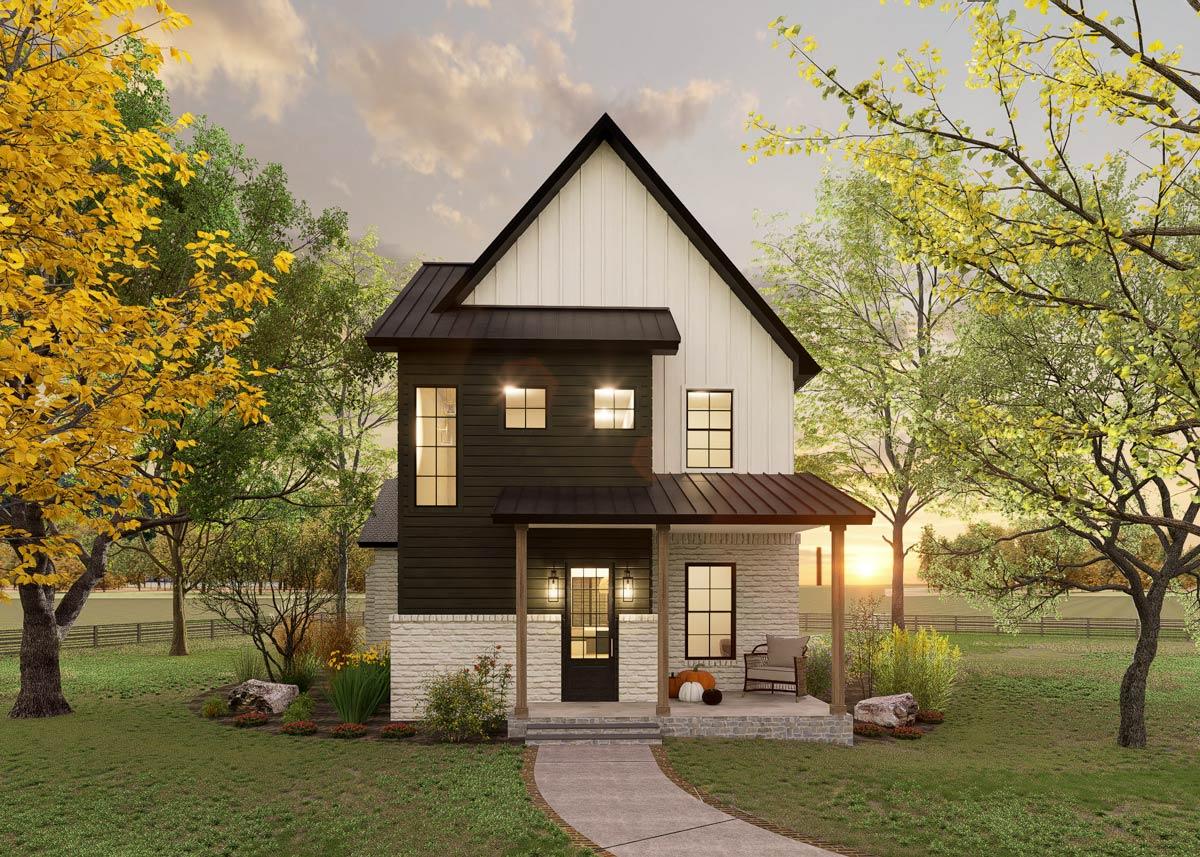House plan exterior featuring Modern Farmhouse style with two stories, a covered porch, board and batten siding, and a gabled roof.