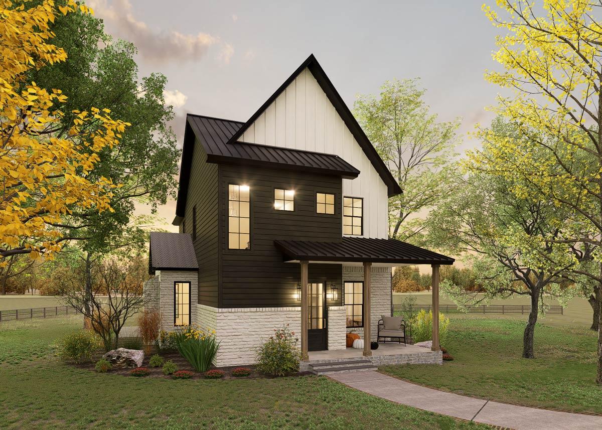 Modern Farmhouse house plan exterior with white brick, dark siding, metal roof, and covered front porch.
