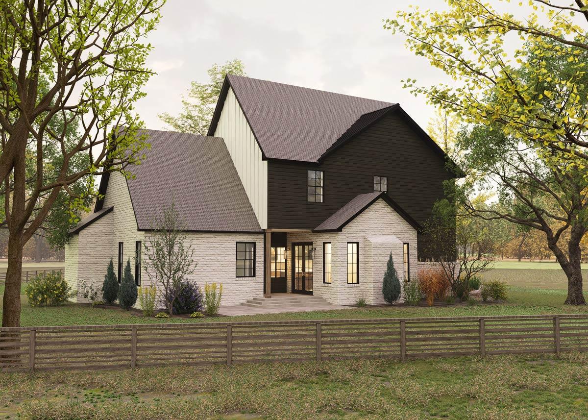 House plan exterior: Modern Farmhouse style, two stories, white brick and dark siding, prominent gables, and covered entry.