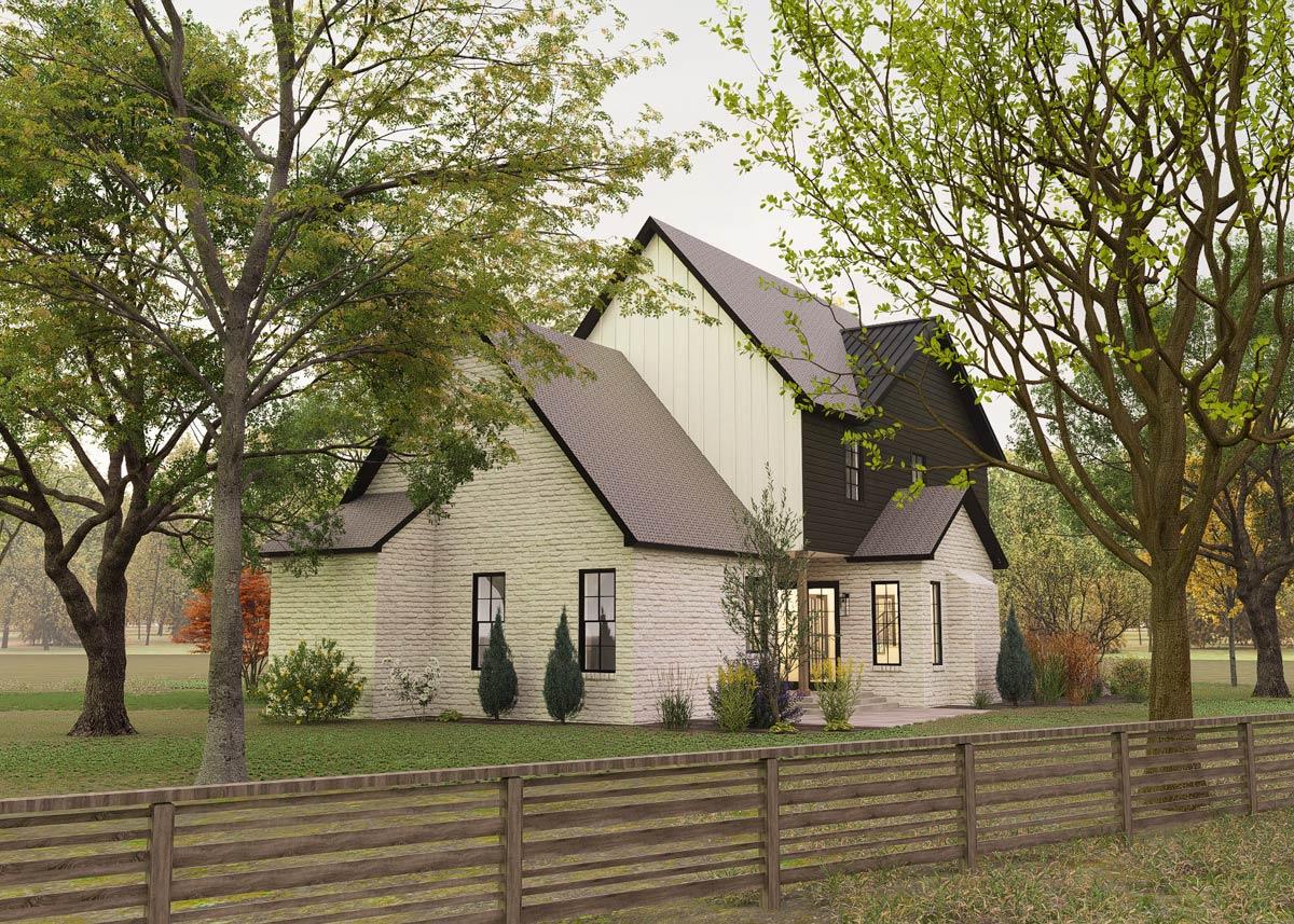 House plan exterior: Modern Farmhouse style with stone facade, board and batten siding, metal roof, and multiple gables.