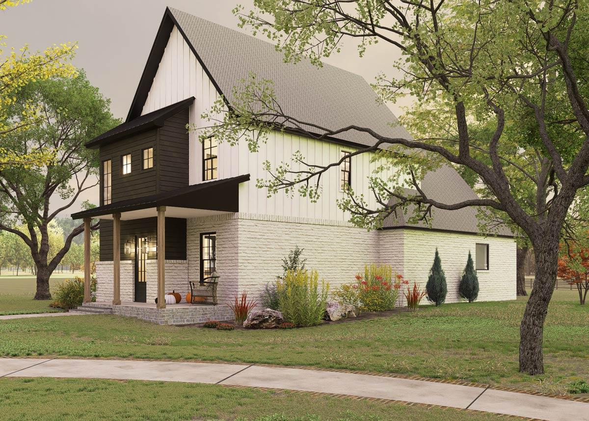 Modern Farmhouse house plan exterior with two stories, white brick base, dark siding, and prominent gable roof.