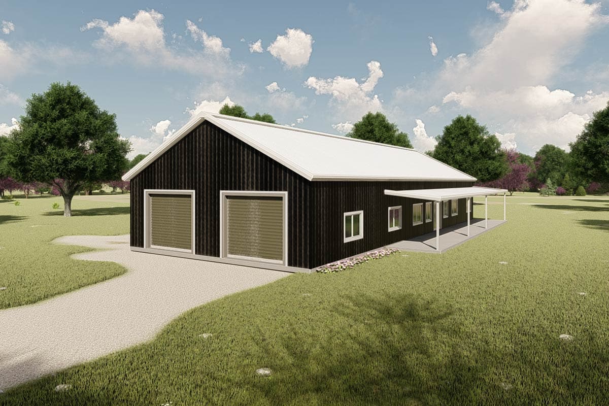 House plan exterior with two garage doors, white metal roof, and covered porch along the side.