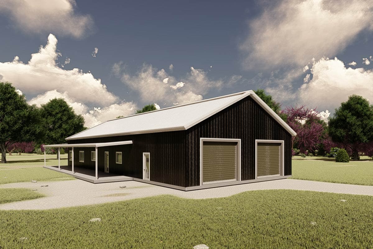 House plan exterior: Modern single-story home with a white metal roof, dark vertical siding, a wraparound porch, and two garage doors.
