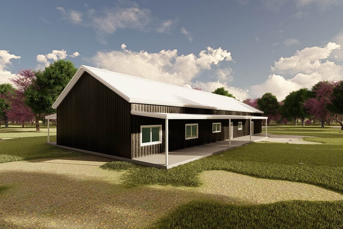House plan exterior: Modern Farmhouse style, one-story, with a wraparound porch, gable roof, and dark vertical siding.