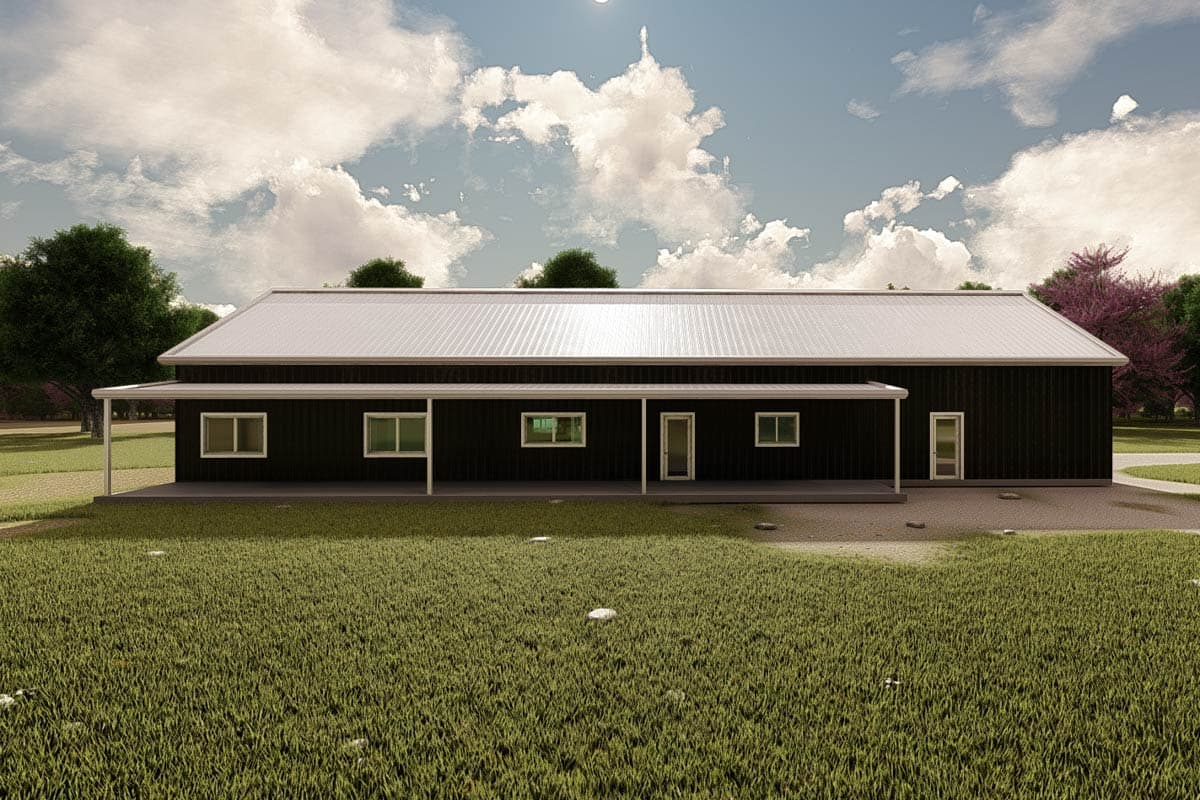 House plan exterior view of a single-story Modern Farmhouse with a metal roof, covered porch, and multiple windows.