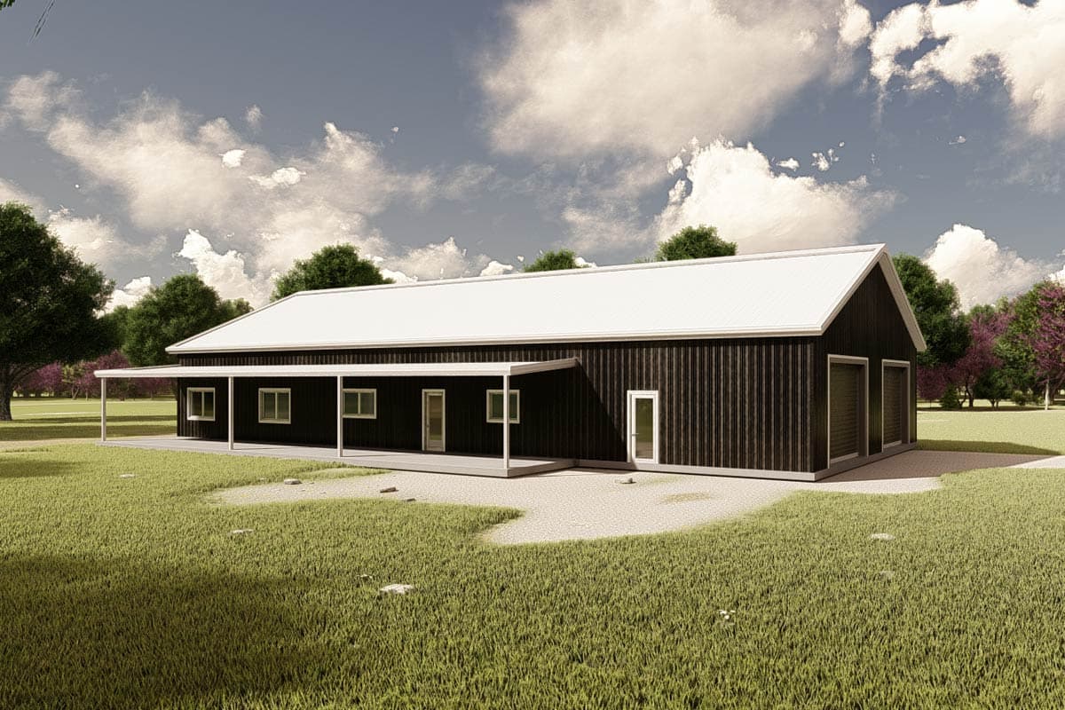 House plan exterior of a one-story Modern Farmhouse with a covered porch, gabled roof, and attached two-car garage.