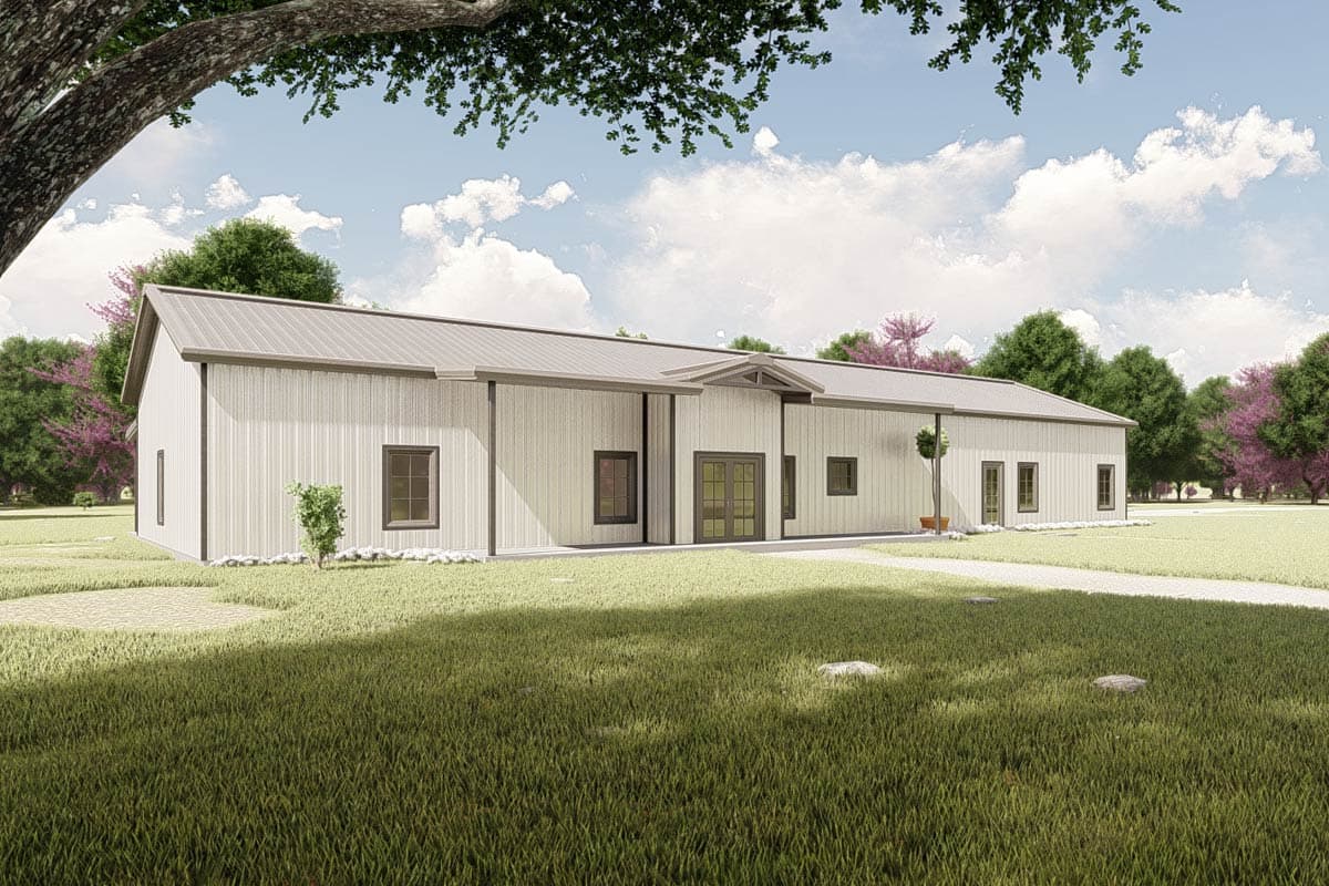 House plan exterior with metal roof, vertical siding, and multiple rectangular windows. A shed-style porch shelters the entry doors.