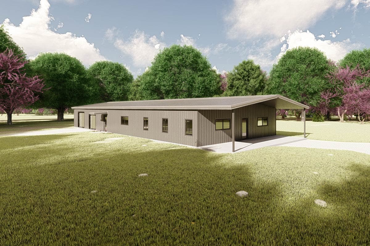 House plan exterior. Modern, one-story design with covered porch and long rectangular shape. Features include a side-entry garage and shed roof.