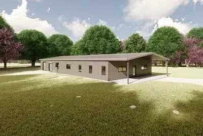 Sleek Barndominium House Plan: 2 Beds, Home Office, Expansive Garage
