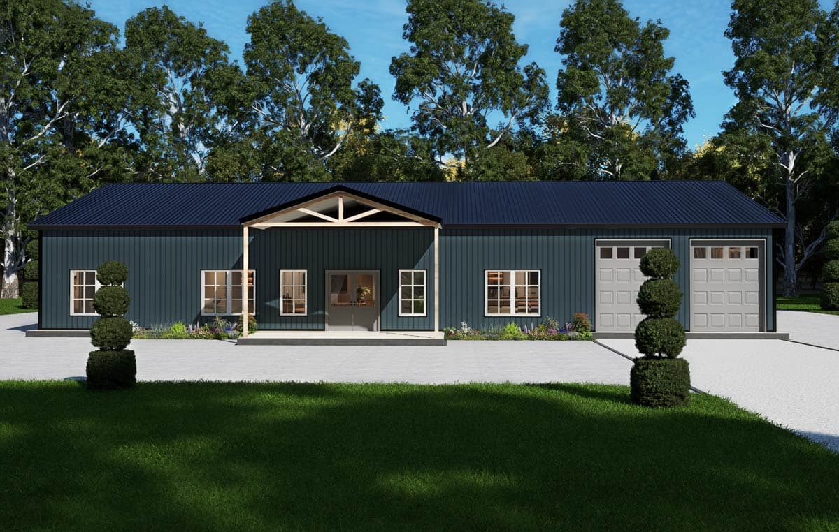 House plan exterior: Ranch style, dark blue vertical siding, central covered entry, two garage doors.