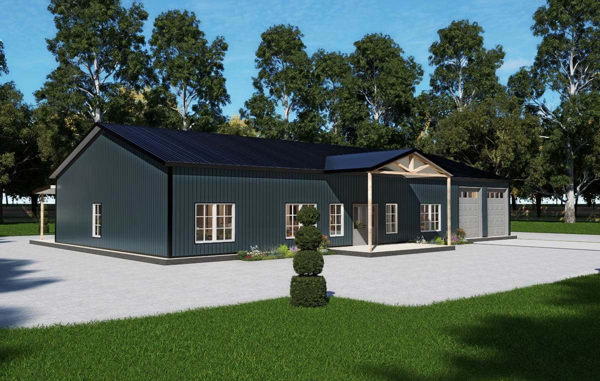 House plan exterior: one-story modern design with dark vertical siding, black metal roof, covered entryway, and a two-car garage.