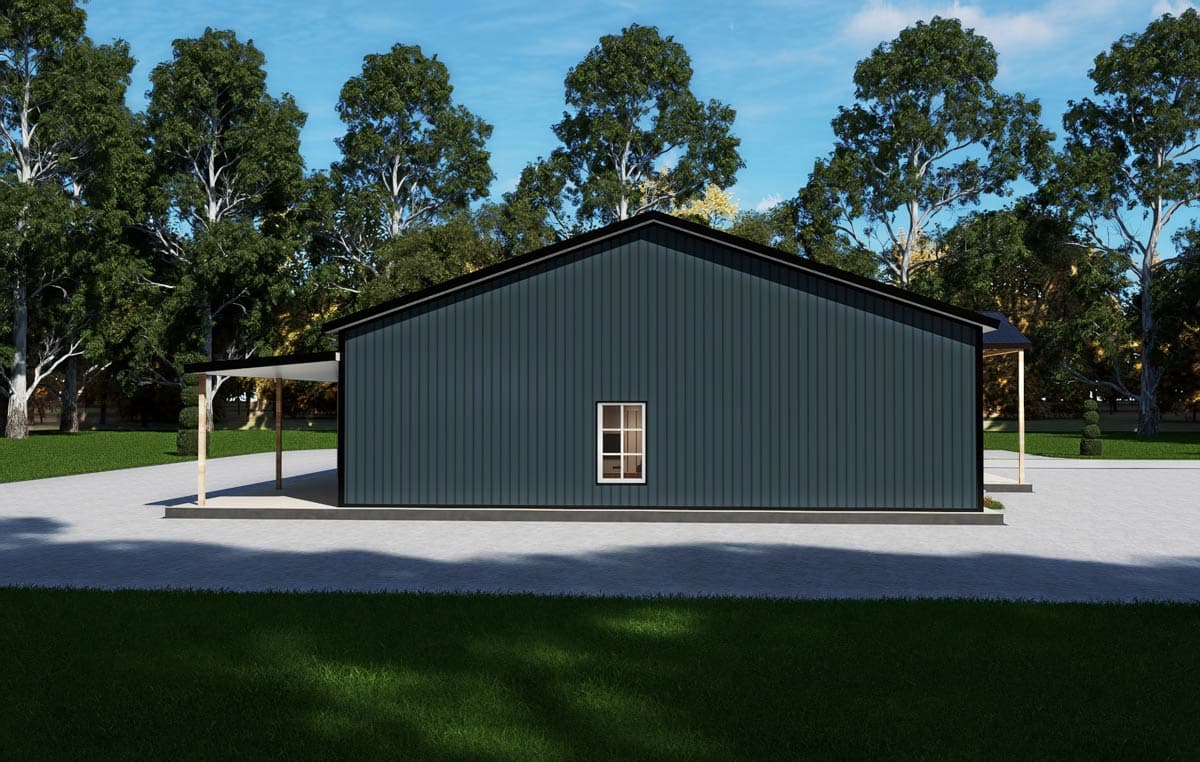 House plan exterior: modern style, single-story, metal siding, gable roof, and covered porch.