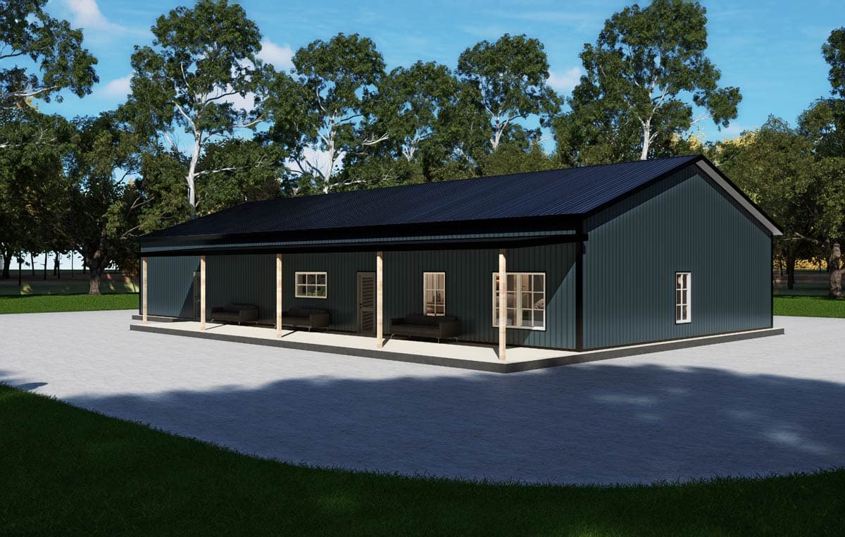 House plan exterior: single-story building with a covered porch supported by wooden posts, dark metal roof, and multiple windows.