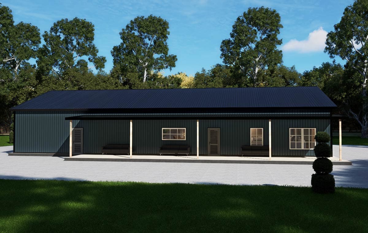 Single-story house plan exterior with dark siding, a dark metal roof, and a covered porch with three windows and two doors.