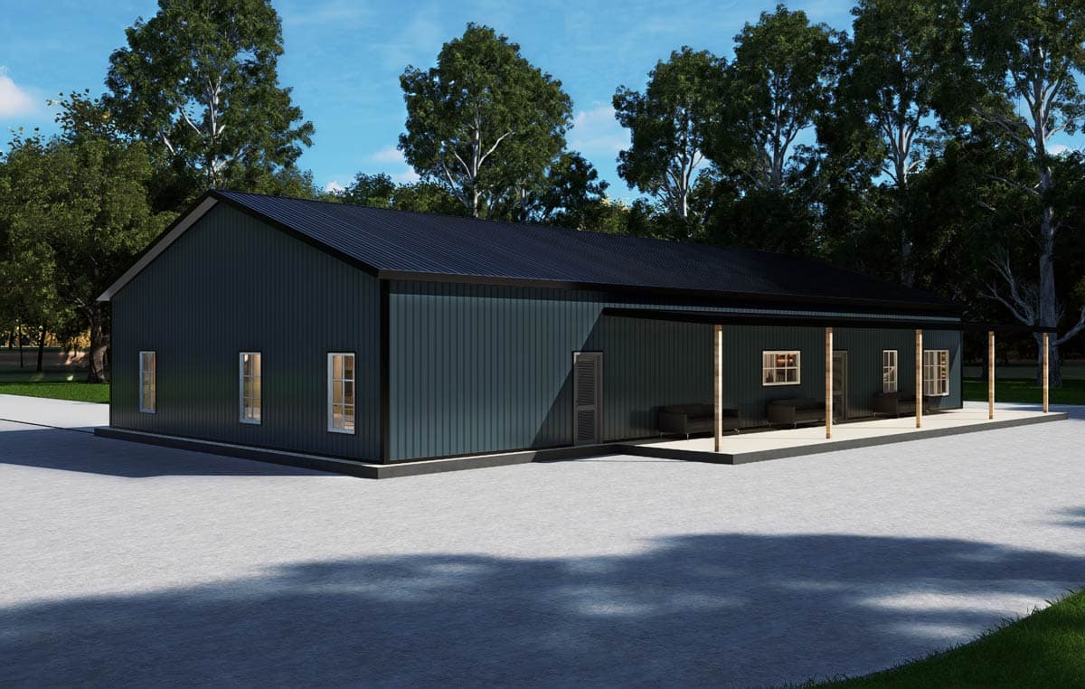 House plan exterior: One-story modern design with dark vertical siding, metal roof, and covered porch with wood posts.