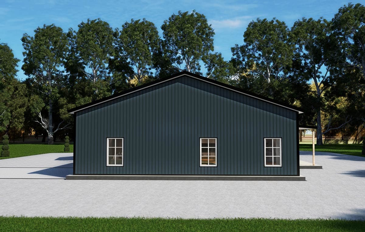 House plan exterior: One-story building with vertical siding, gable roof, and three rectangular windows.