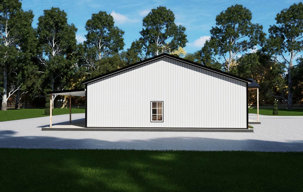 House plan exterior: Modern style, one-story building with white vertical siding, gable roof, and covered entryways.