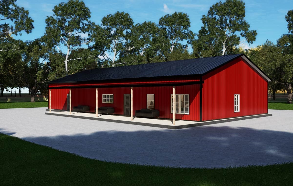 House plan exterior of a single-story ranch with a covered porch, gabled roof, and multiple windows.