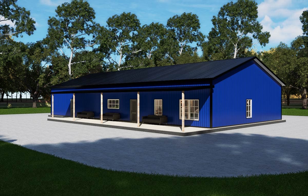 House plan exterior: single-story modern building with a covered porch, vertical siding, and a dark metal roof.
