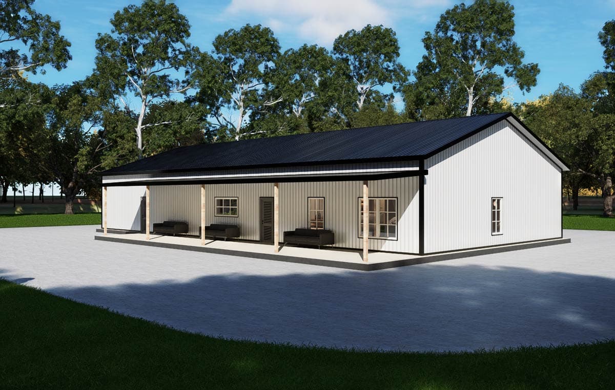 House plan exterior rendering of a one-story modern house with a covered porch, black metal roof, and vertical siding.