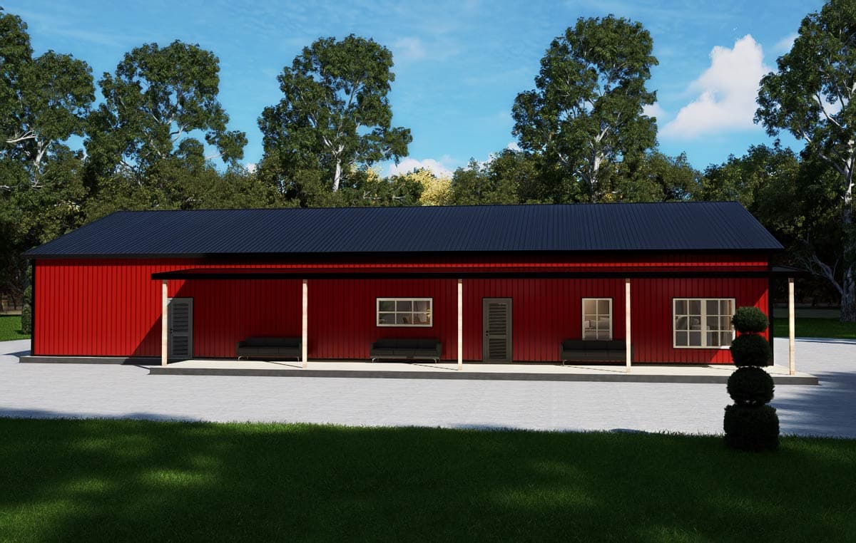 House plan exterior with red vertical siding, black metal roof, front covered porch with white posts, and multiple windows.