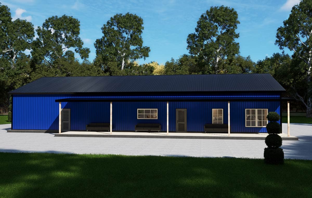 House plan exterior: Single-story Modern style with blue corrugated metal siding, black metal roof, covered porch with columns, and multiple windows.