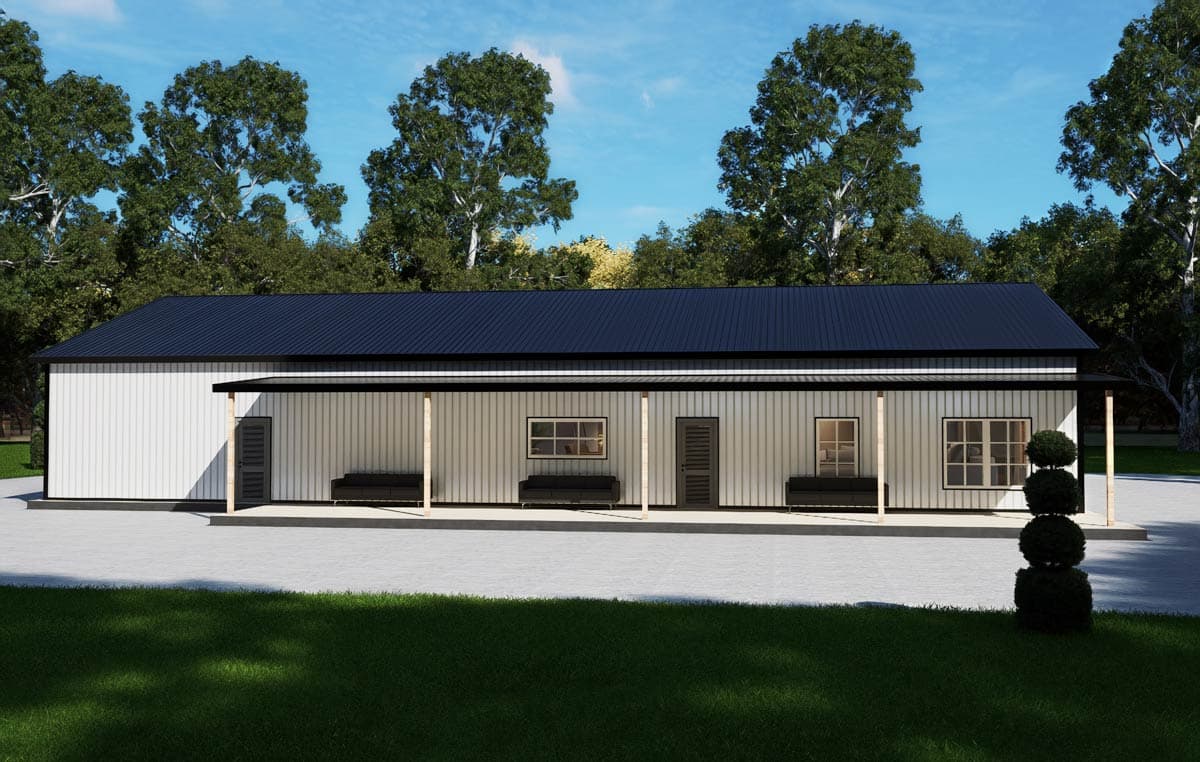 House plan exterior: One-story structure with white vertical siding, dark metal roof, and covered porch with three doors and multiple windows.