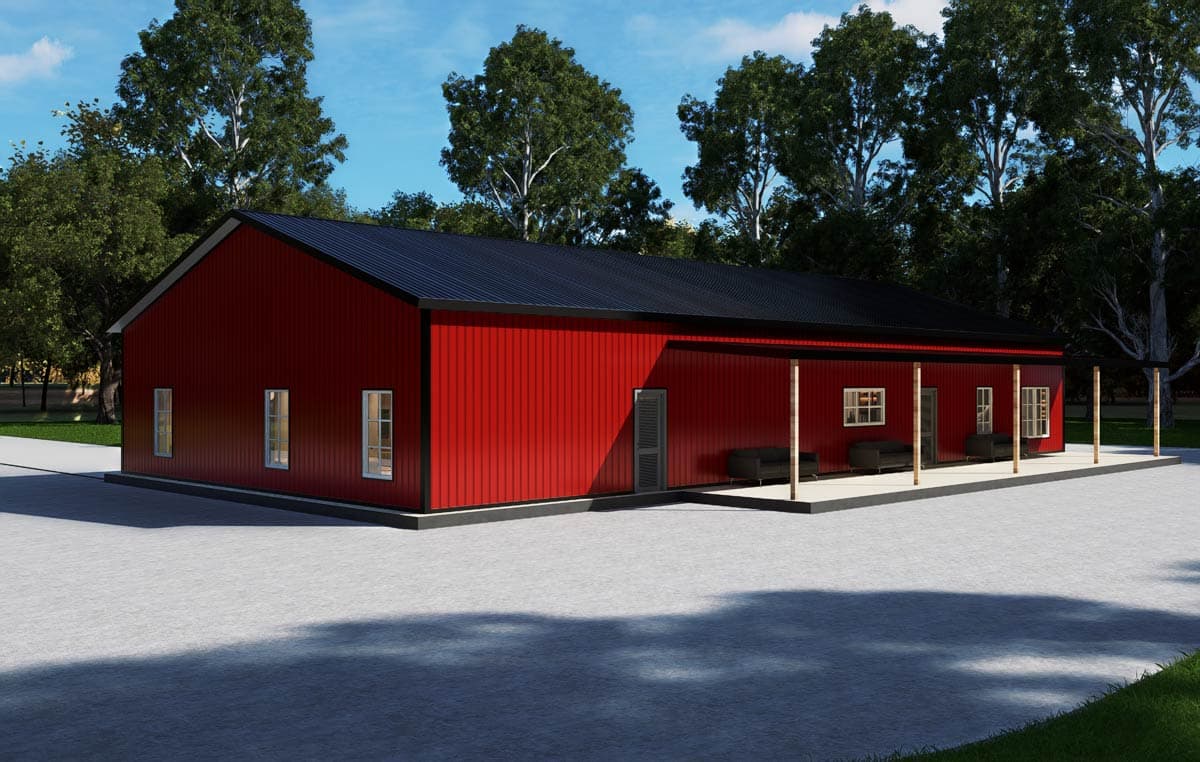 Red ranch house plan exterior with a covered porch, vertical siding, and a gabled roof.