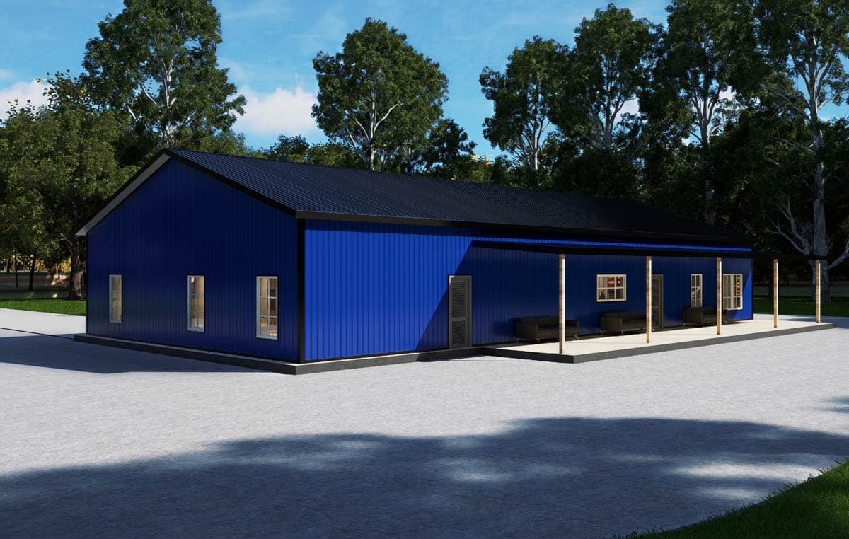 House plan exterior: Rectangular single-story building with blue metal siding, black metal roof, and a covered porch with support posts.
