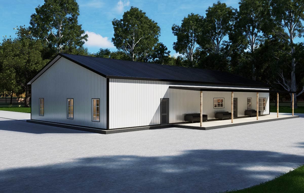 House plan exterior: One-story modern design with vertical siding, a gable roof, and a covered porch along the side.