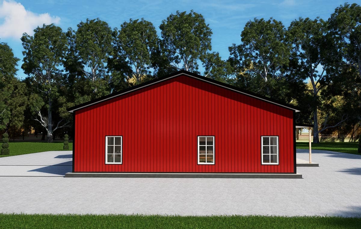 Red barn-style house plan exterior with a gable roof, metal siding, and three multi-pane windows.
